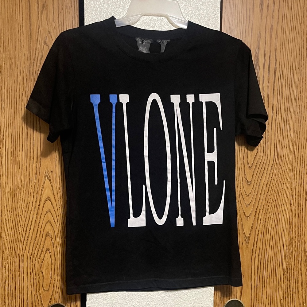 VLONE Black Tee with Blue and White Logo